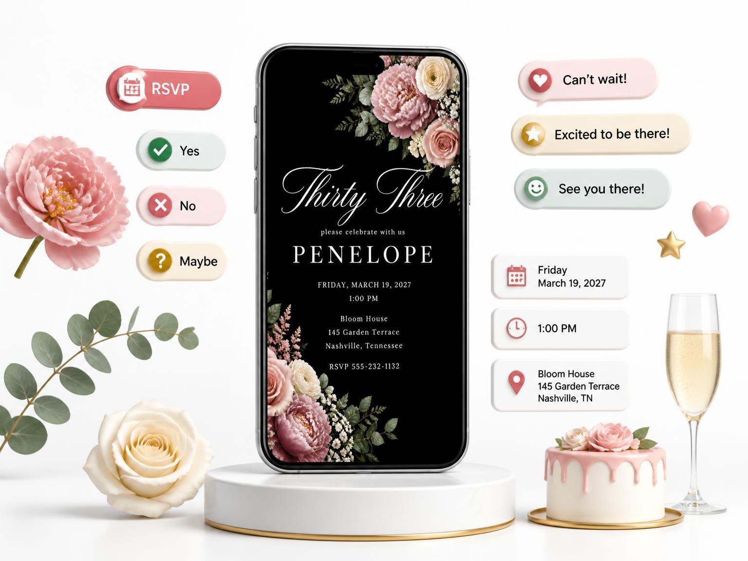 The Black Floral 33rd Birthday Invitation invitation on a phone, with guest RSVPs arriving around it