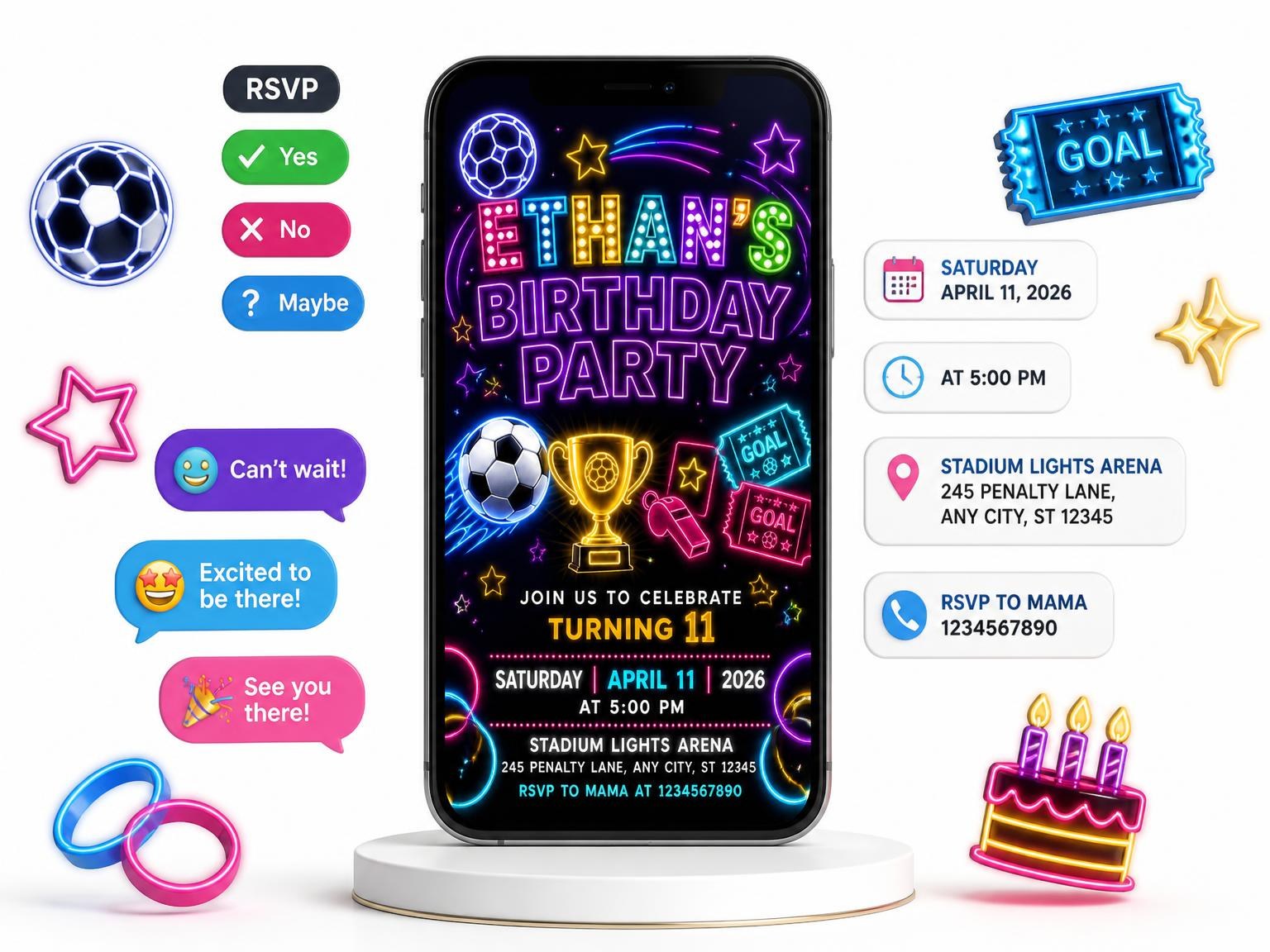 The Neon Soccer 11th Birthday Invitation invitation on a phone, with guest RSVPs arriving around it