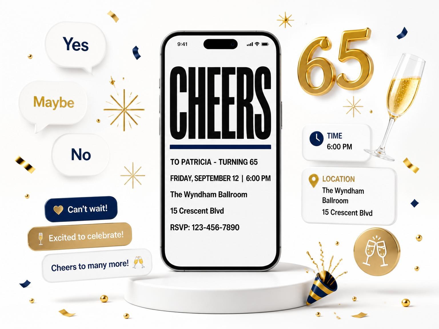 The Navy and White Bold Typography Birthday invitation on a phone, with guest RSVPs arriving around it
