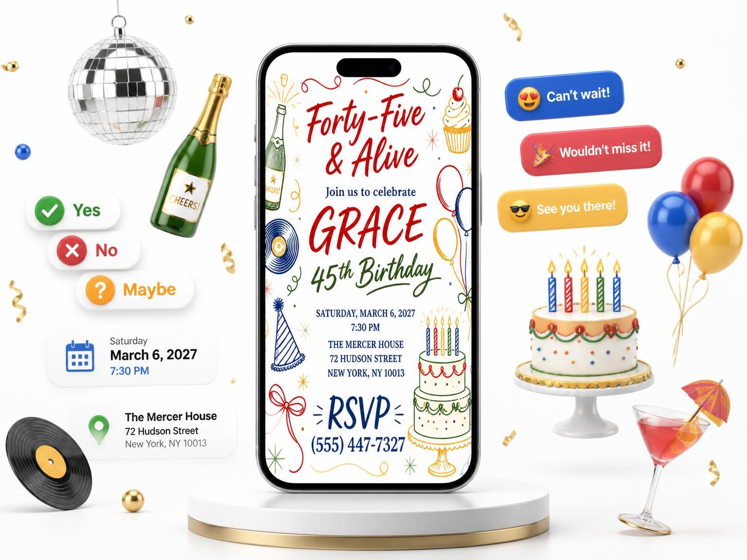 The Retro Doodle 45th Birthday Invitation invitation on a phone, with guest RSVPs arriving around it