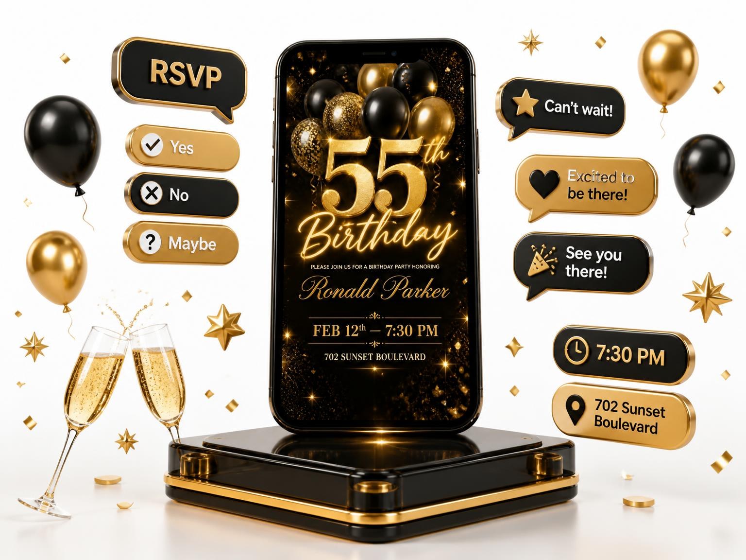The Black and Gold Balloon 55th Birthday invitation on a phone, with guest RSVPs arriving around it