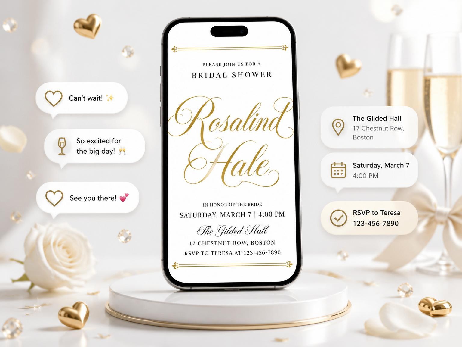 The Gold Calligraphy Minimalist Bridal Shower invitation on a phone, with guest RSVPs arriving around it