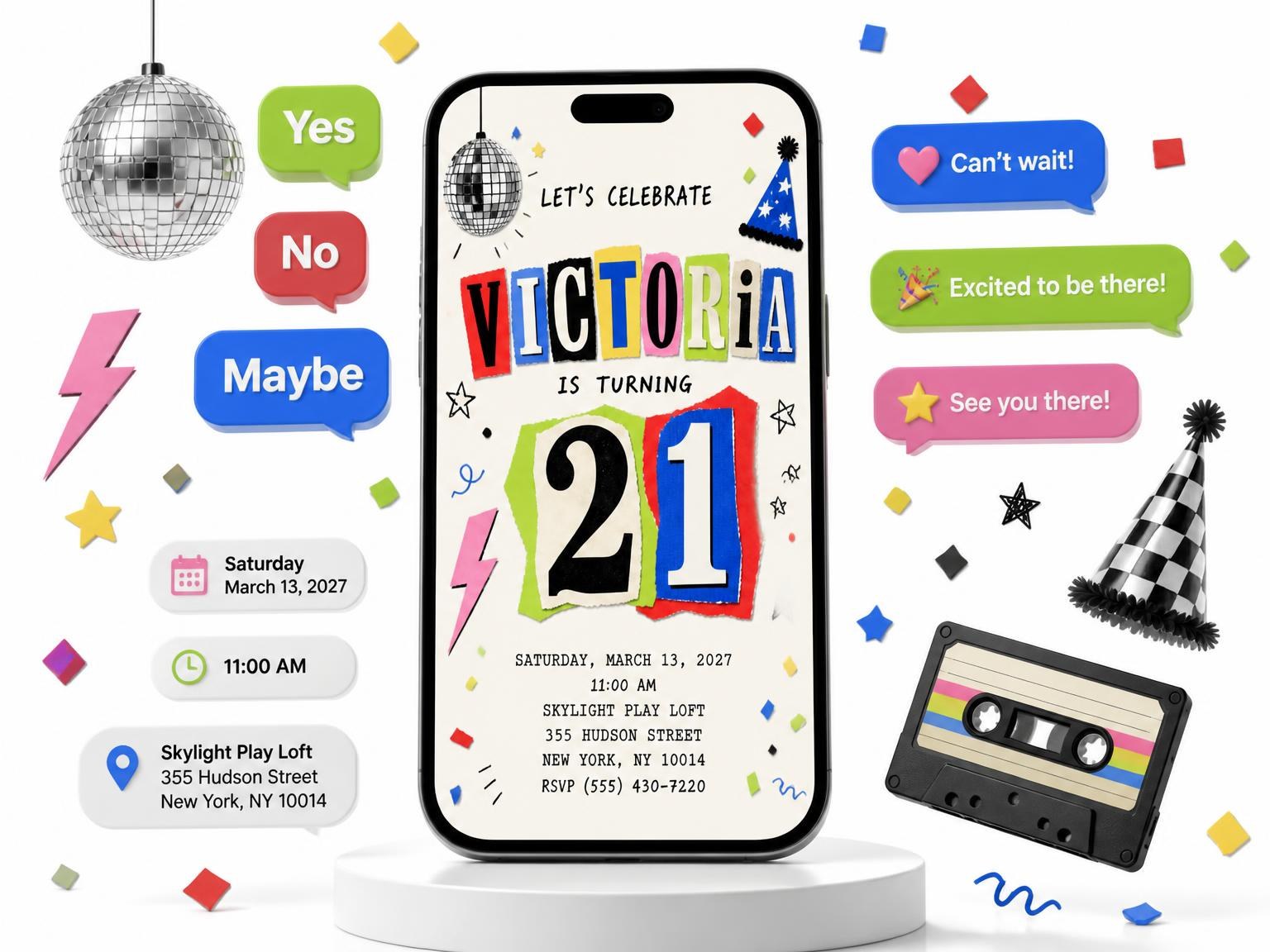 The Retro Paper Collage 21st Birthday Invitation invitation on a phone, with guest RSVPs arriving around it