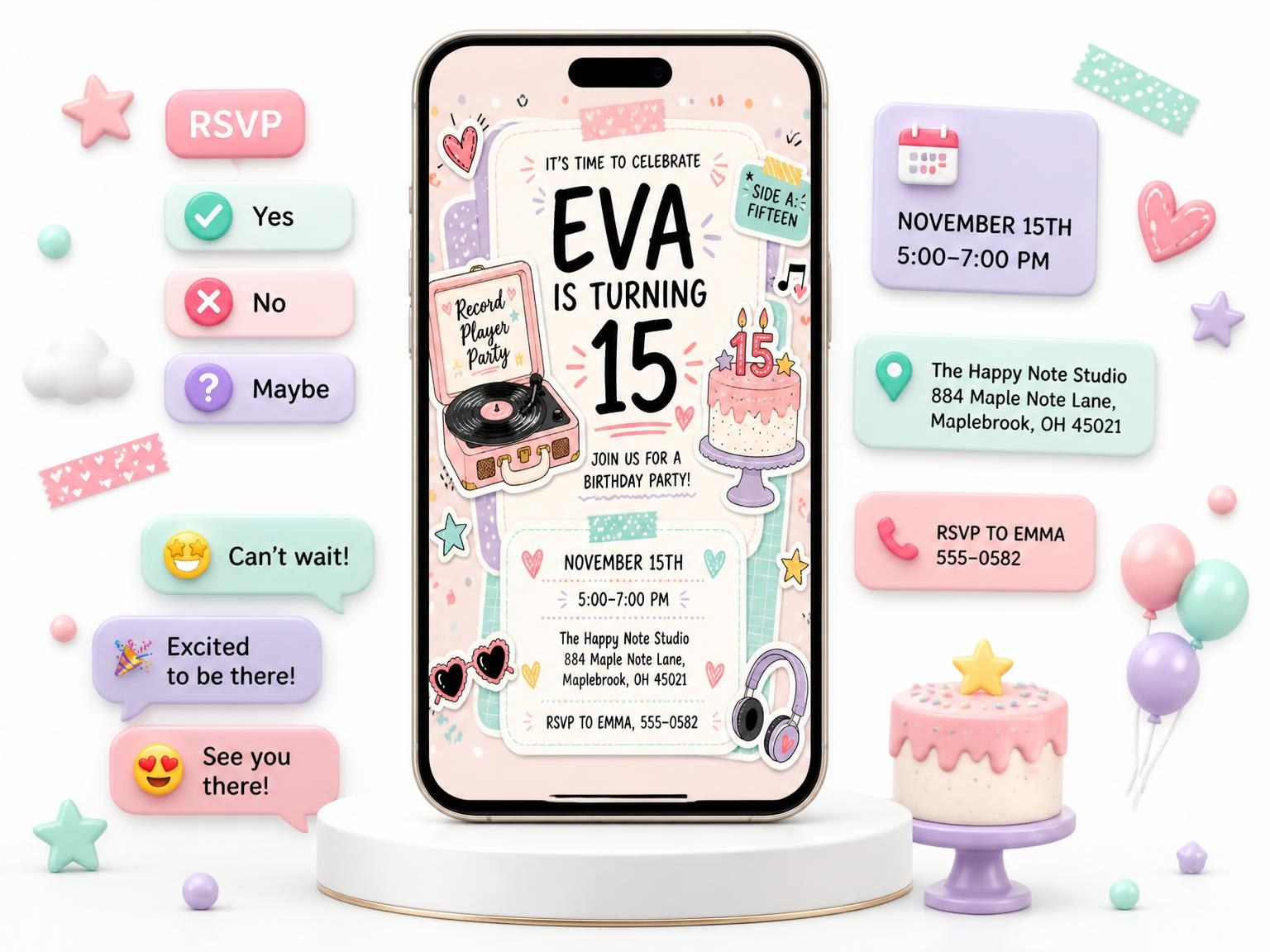 The Player Turntable 15th Birthday Invitation invitation on a phone, with guest RSVPs arriving around it