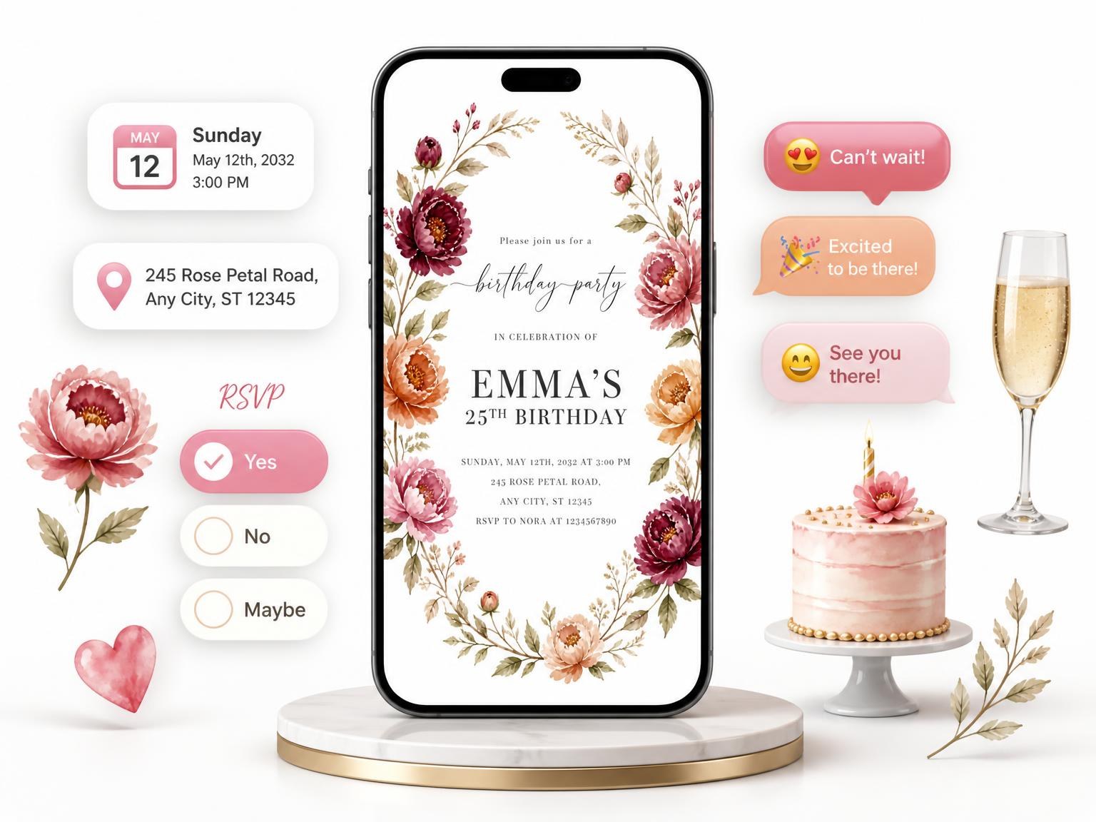 The Peony Wreath Autumn 25th Birthday Invitation invitation on a phone, with guest RSVPs arriving around it