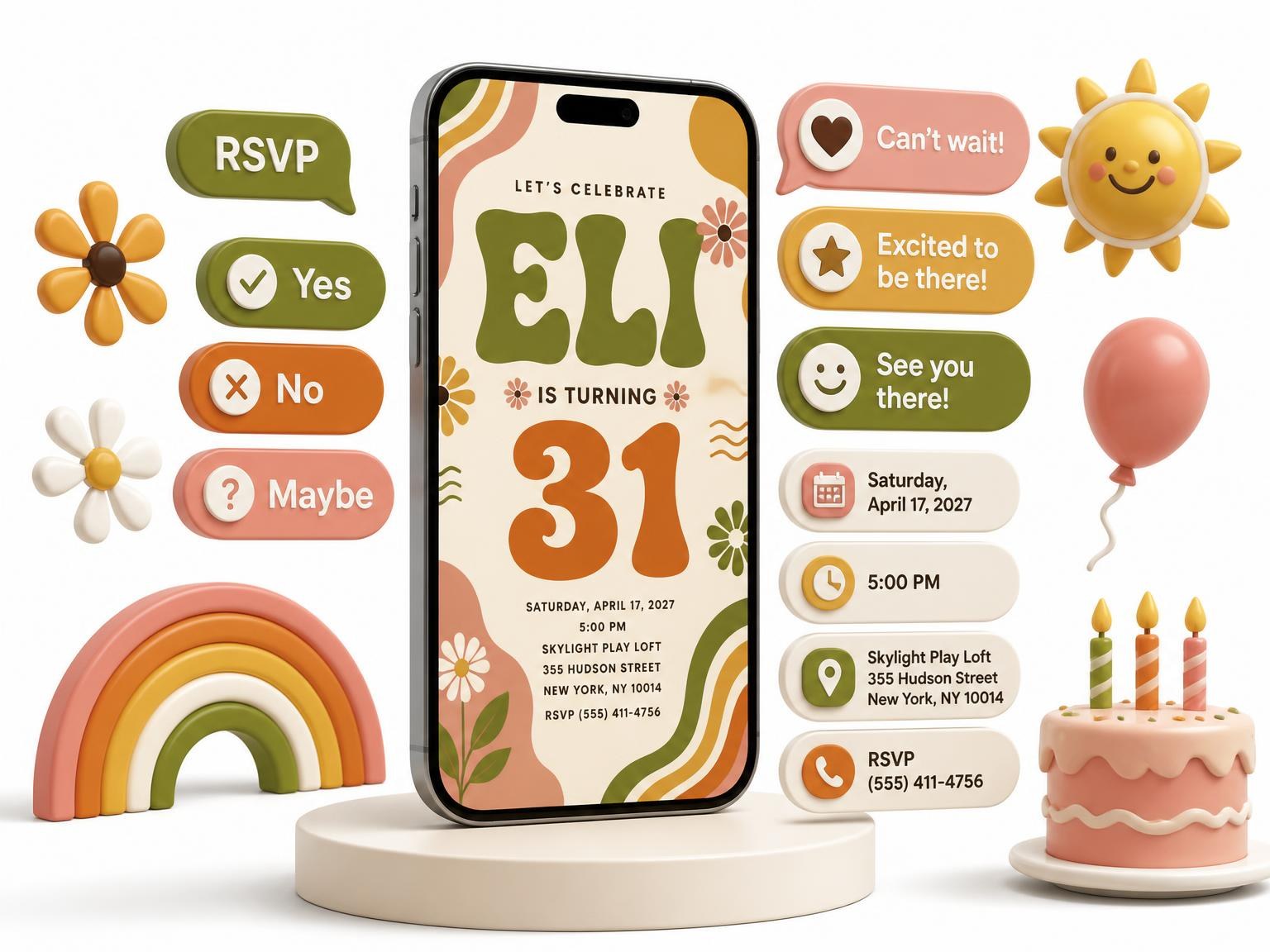 The Groovy Retro 31st Birthday Invitation invitation on a phone, with guest RSVPs arriving around it