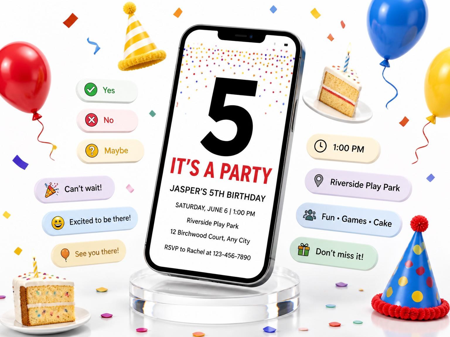 The Colorful Confetti 5th Birthday Invitation invitation on a phone, with guest RSVPs arriving around it
