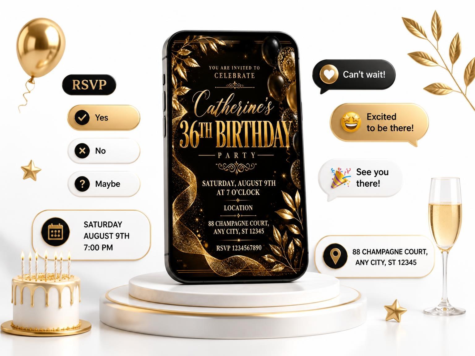 The Black and Gold 36th Birthday Invitation invitation on a phone, with guest RSVPs arriving around it