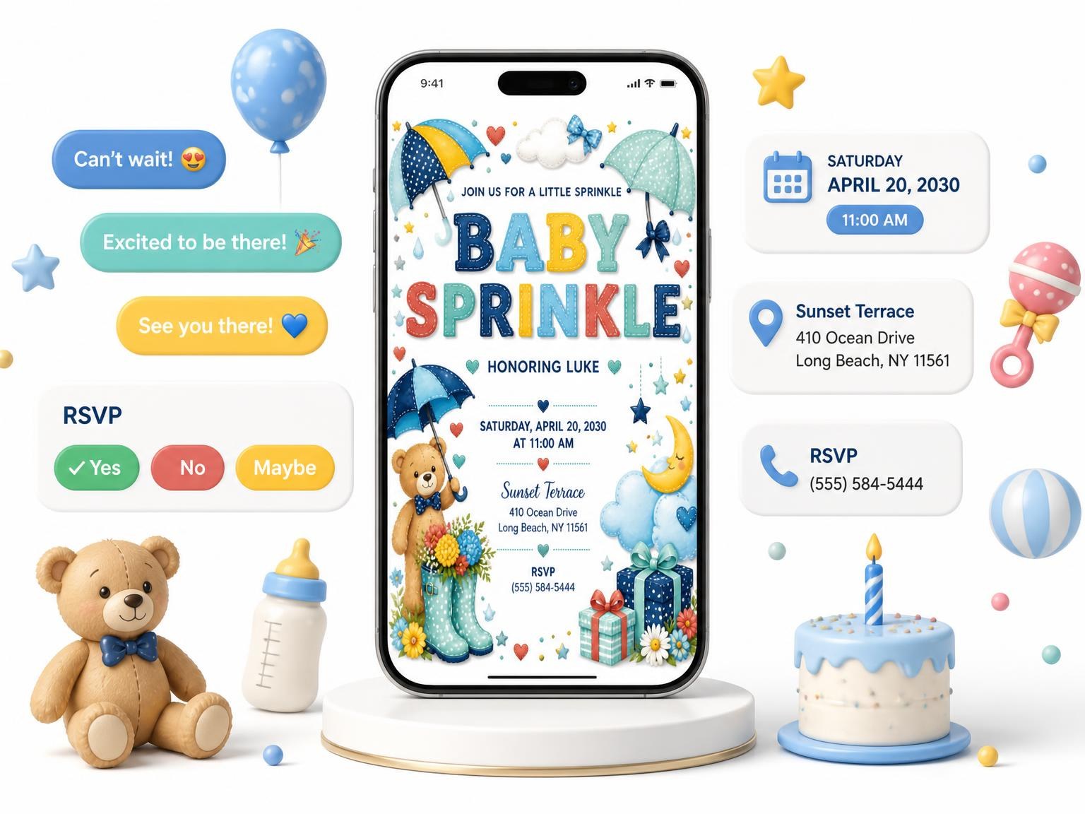 The Gift Boxes Baby Sprinkle Invitation invitation on a phone, with guest RSVPs arriving around it