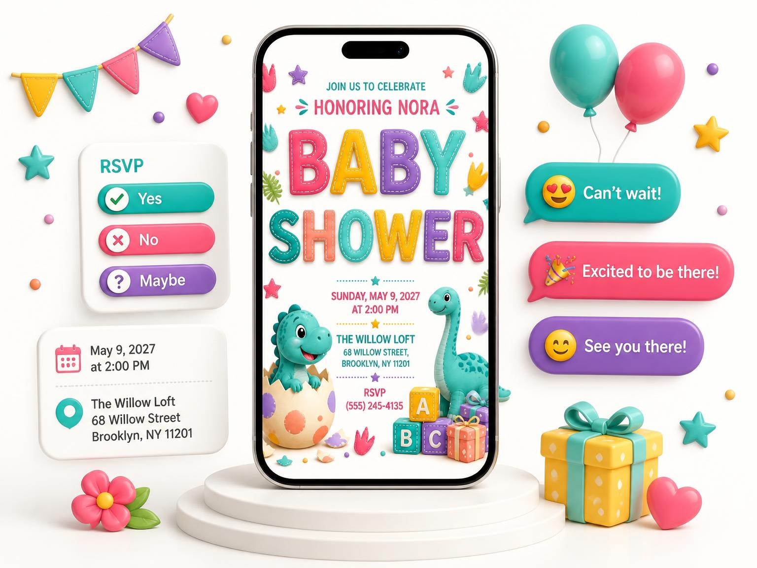 The Baby Brachiosaurus Baby Shower Invitation invitation on a phone, with guest RSVPs arriving around it