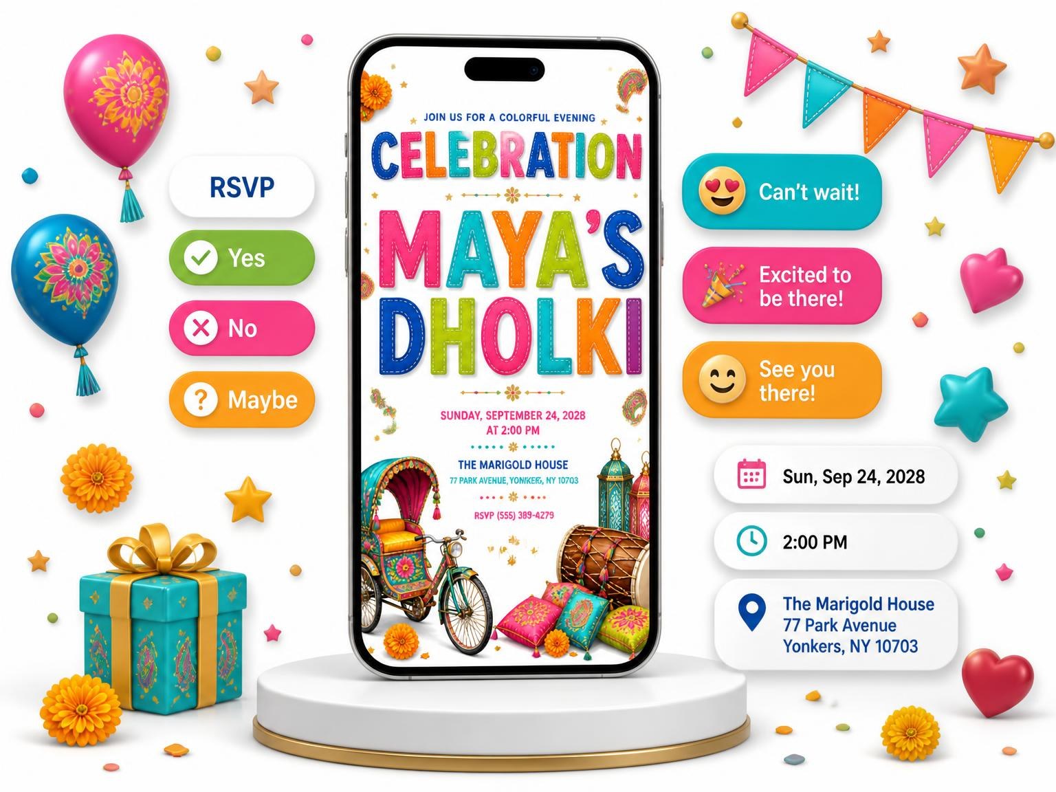 The Hot Pink Dholki Invitation invitation on a phone, with guest RSVPs arriving around it