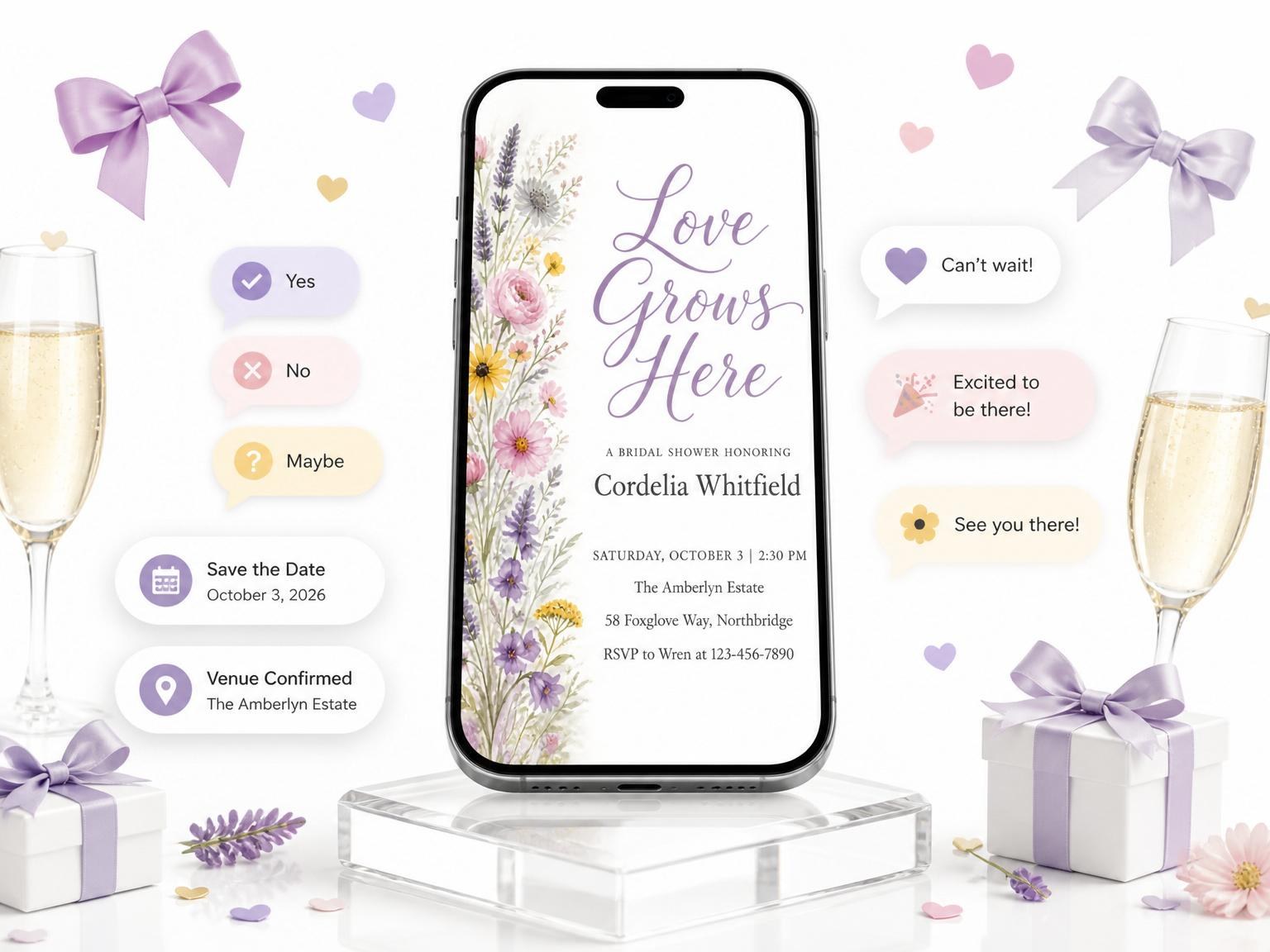 The Watercolor Wildflower Bridal Shower Invitation invitation on a phone, with guest RSVPs arriving around it
