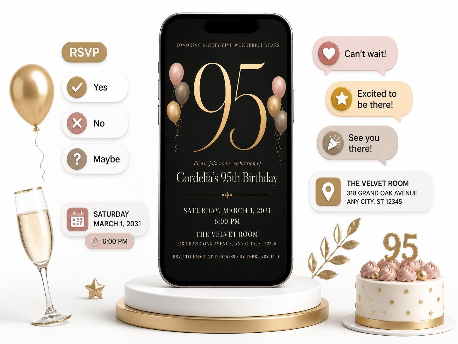 The Charcoal and Blush 95th Birthday Invitation invitation on a phone, with guest RSVPs arriving around it