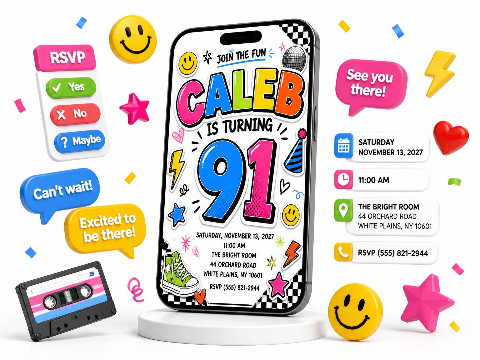 The Sticker Pop 91st Birthday Invitation invitation on a phone, with guest RSVPs arriving around it