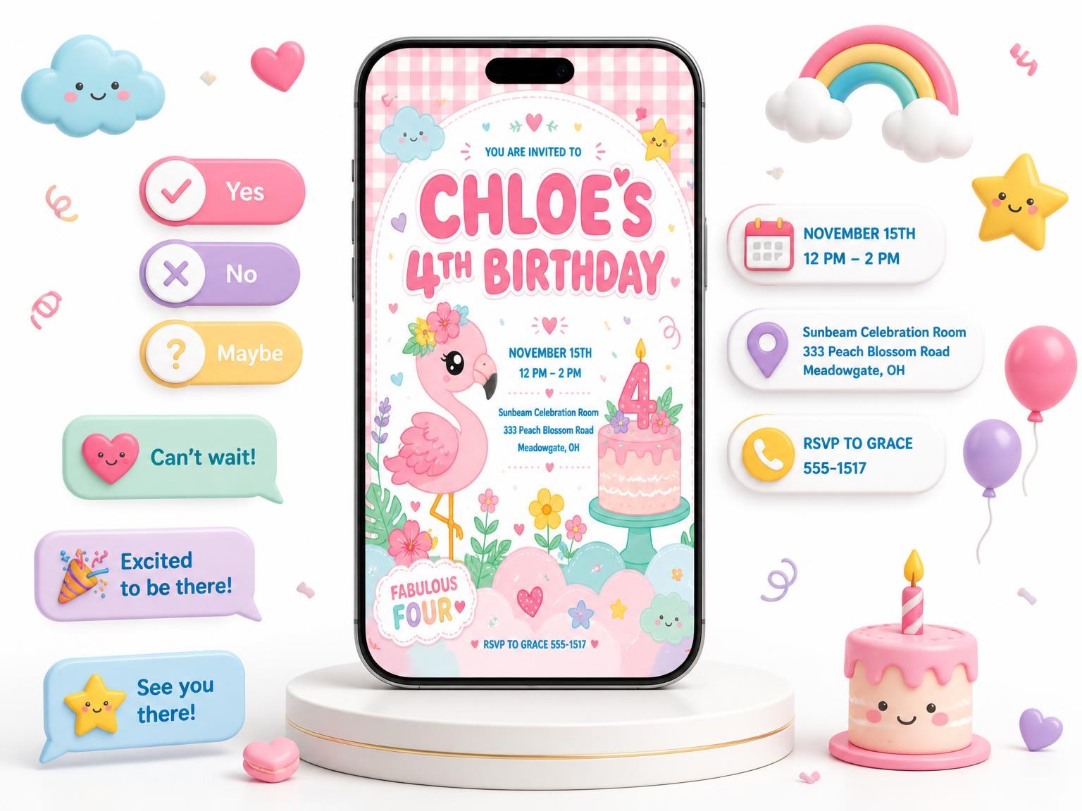 The Flamingo Floral Kawaii 4th Birthday Invitation invitation on a phone, with guest RSVPs arriving around it