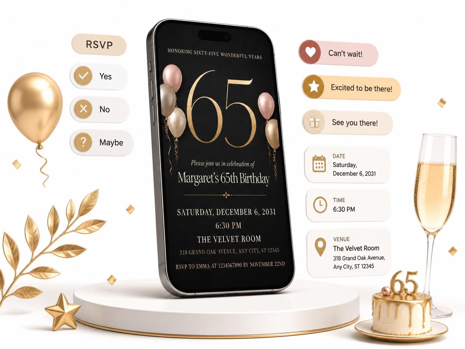 The Charcoal and Blush 65th Birthday Invitation invitation on a phone, with guest RSVPs arriving around it