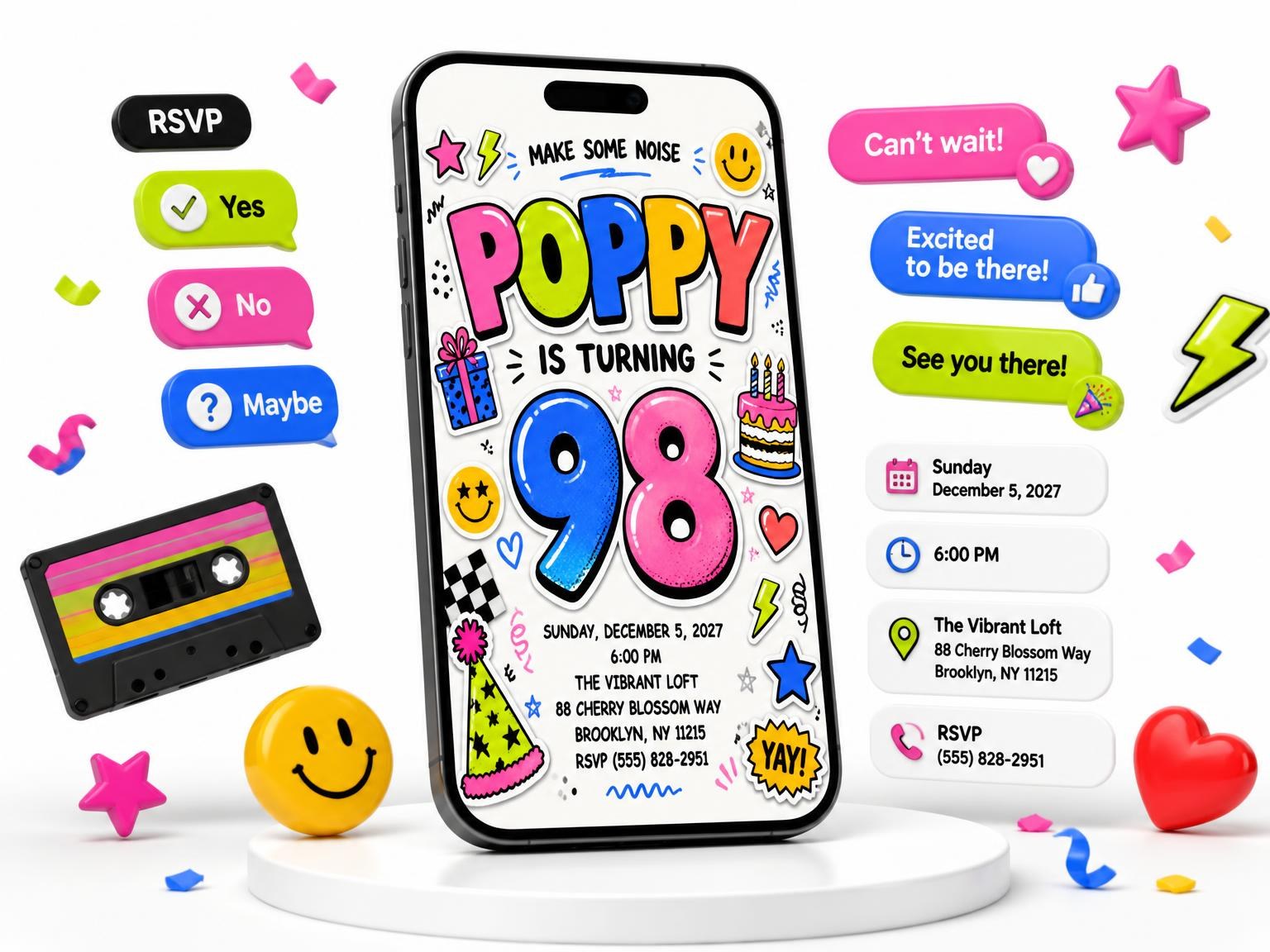 The Sticker Pop 98th Birthday Invitation invitation on a phone, with guest RSVPs arriving around it
