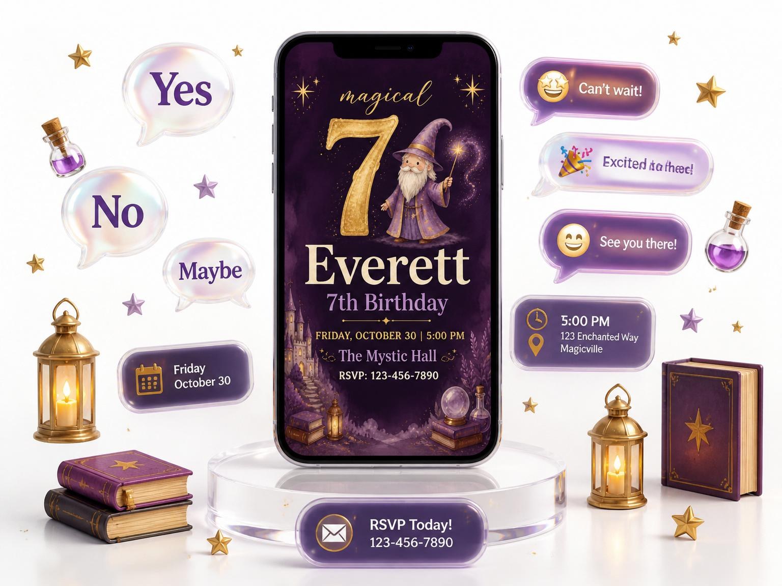 The Deep Purple Wizard 7th Birthday Invitation invitation on a phone, with guest RSVPs arriving around it