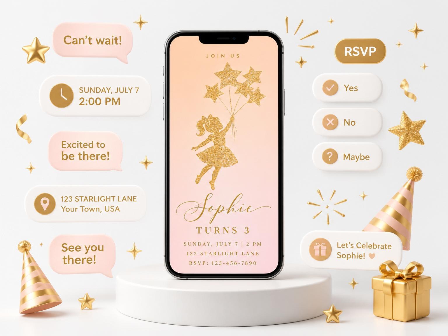 The Gold Glitter Star 3rd Birthday Invitation invitation on a phone, with guest RSVPs arriving around it
