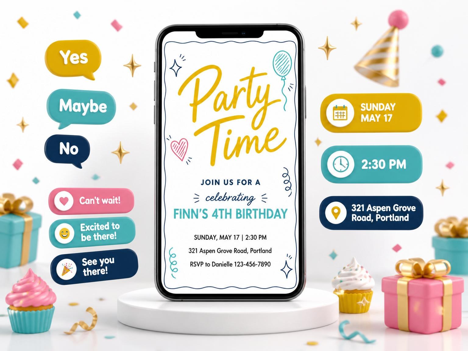 The Navy Wavy Border 4th Birthday Card invitation on a phone, with guest RSVPs arriving around it