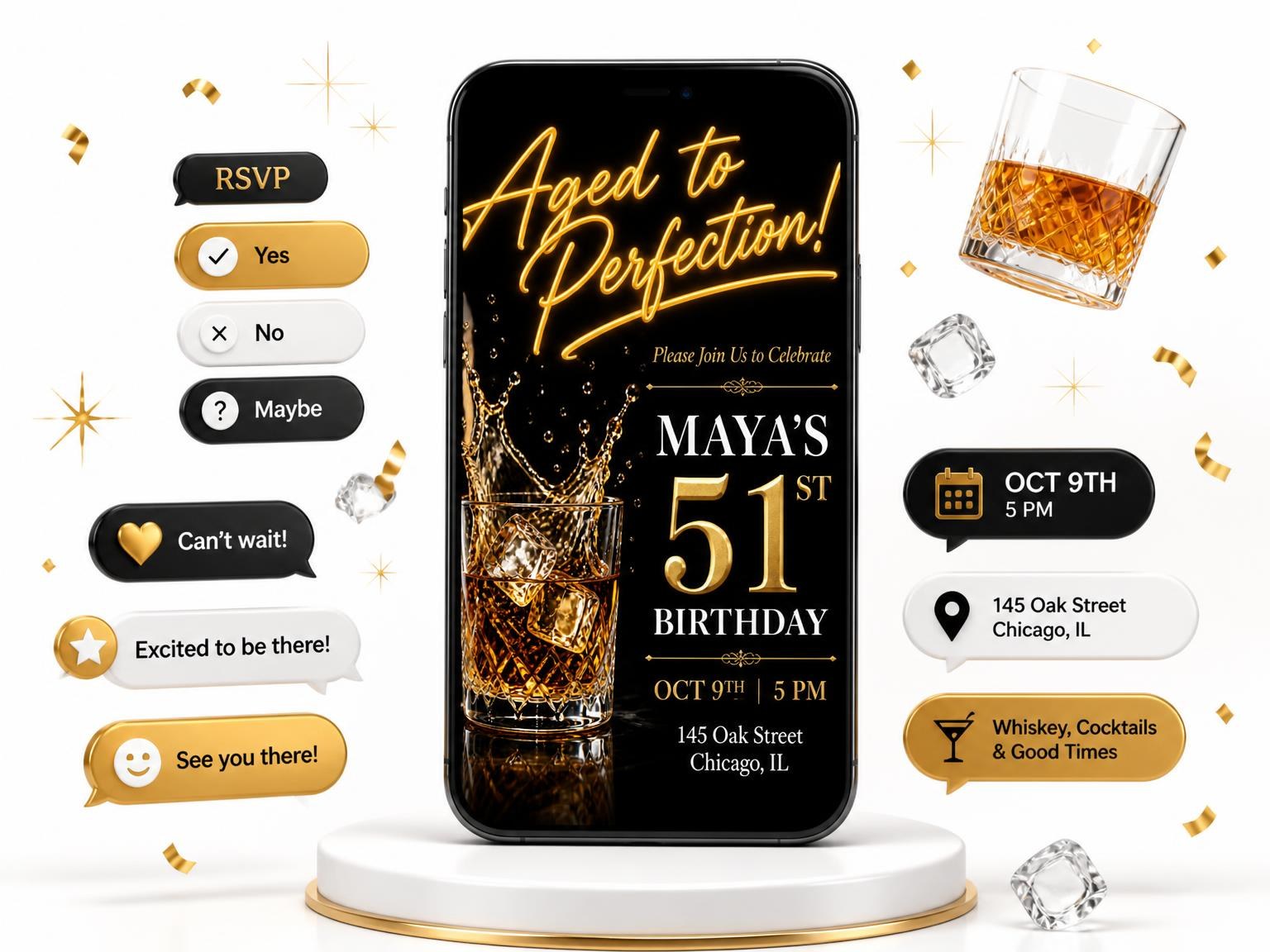 The Whiskey Glass 51st Birthday Invitation invitation on a phone, with guest RSVPs arriving around it