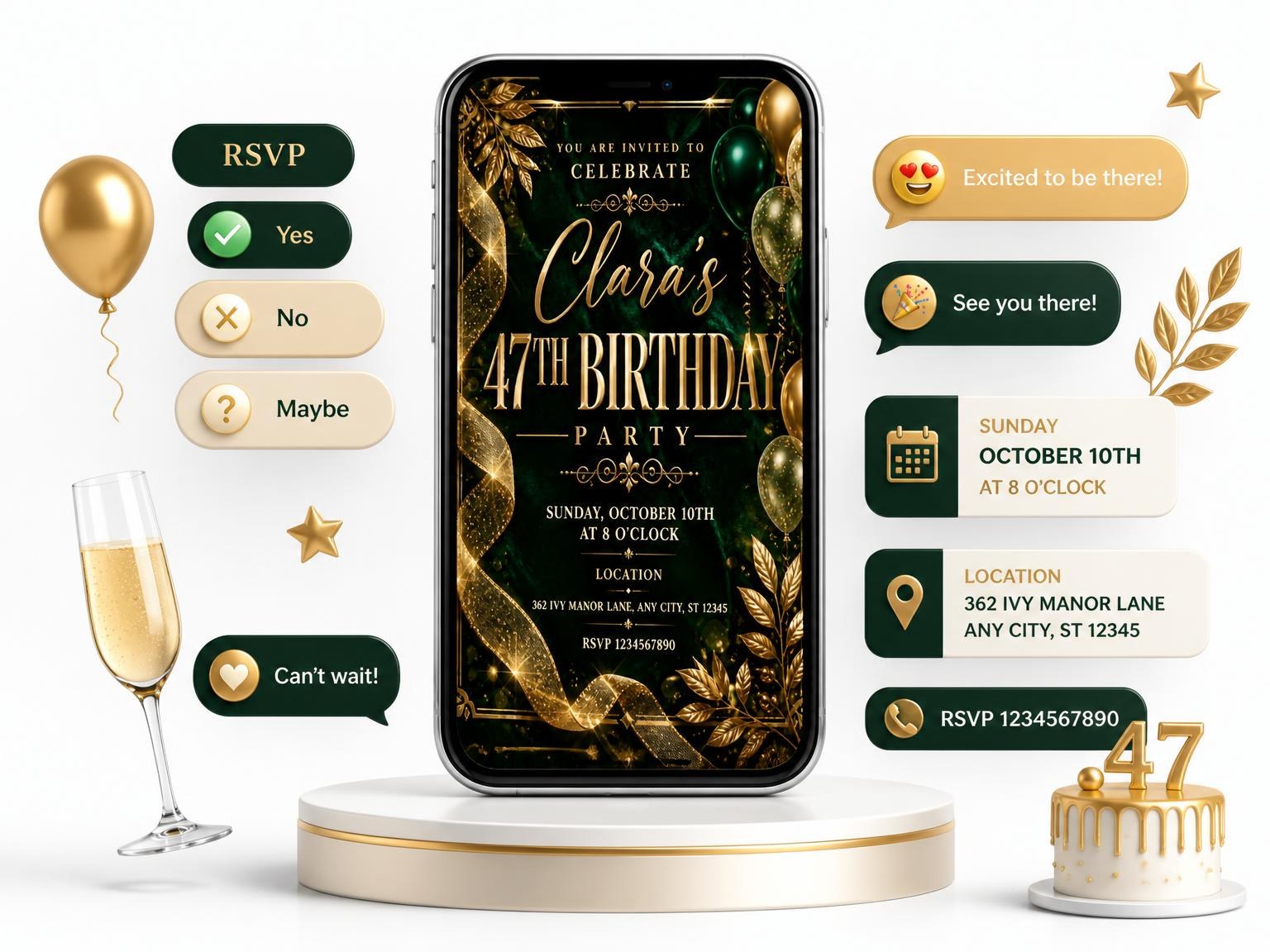 The Emerald and Champagne 47th Birthday Invitation invitation on a phone, with guest RSVPs arriving around it