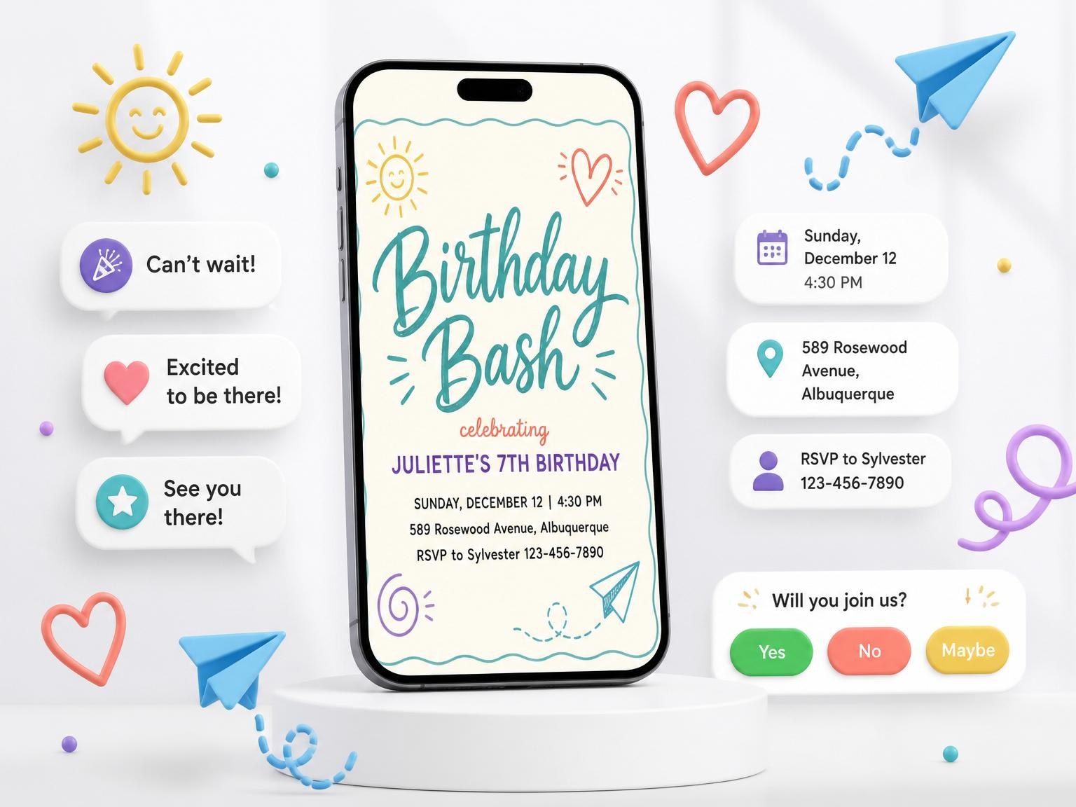 The Teal Doodle Icon 7th Birthday Invitation invitation on a phone, with guest RSVPs arriving around it