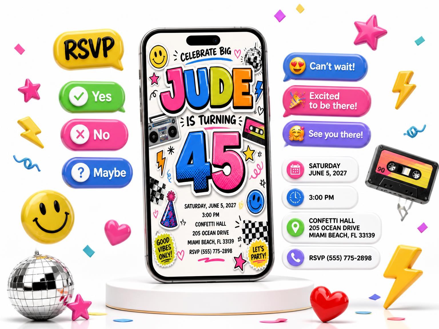 The Sticker Pop 45th Birthday Invitation invitation on a phone, with guest RSVPs arriving around it