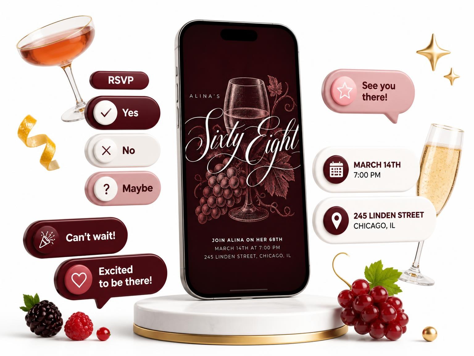 The Burgundy Cocktail 68th Birthday Invitation invitation on a phone, with guest RSVPs arriving around it