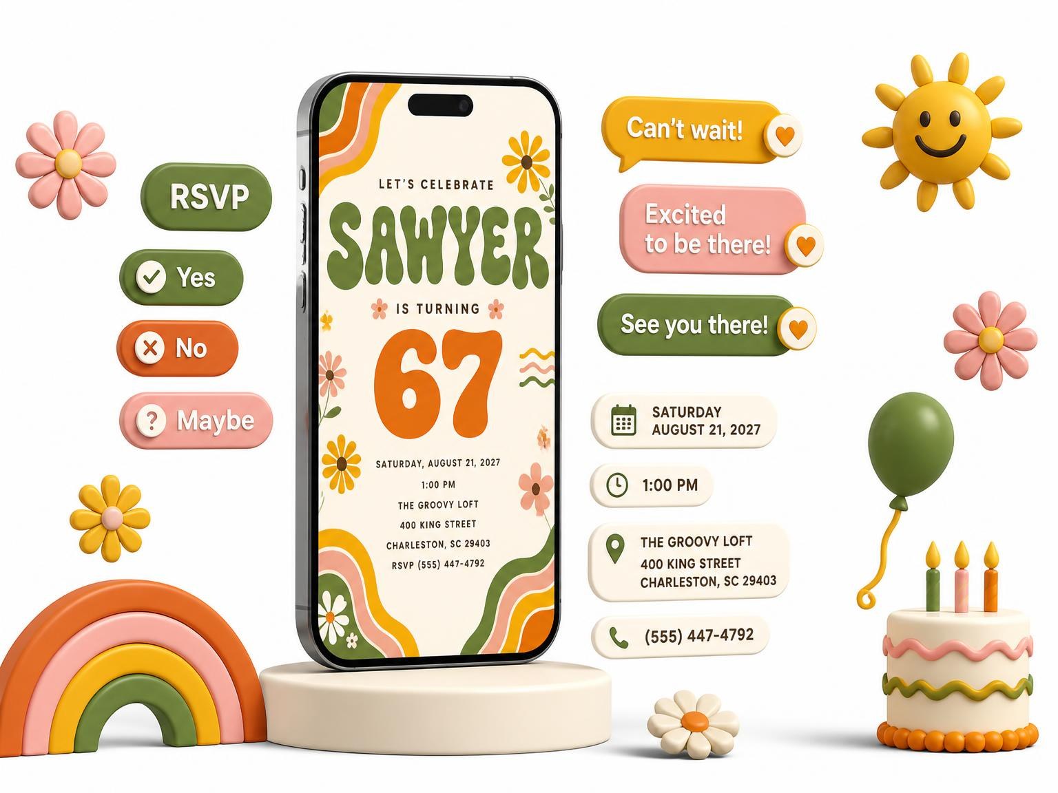 The Groovy Retro 67th Birthday Invitation invitation on a phone, with guest RSVPs arriving around it