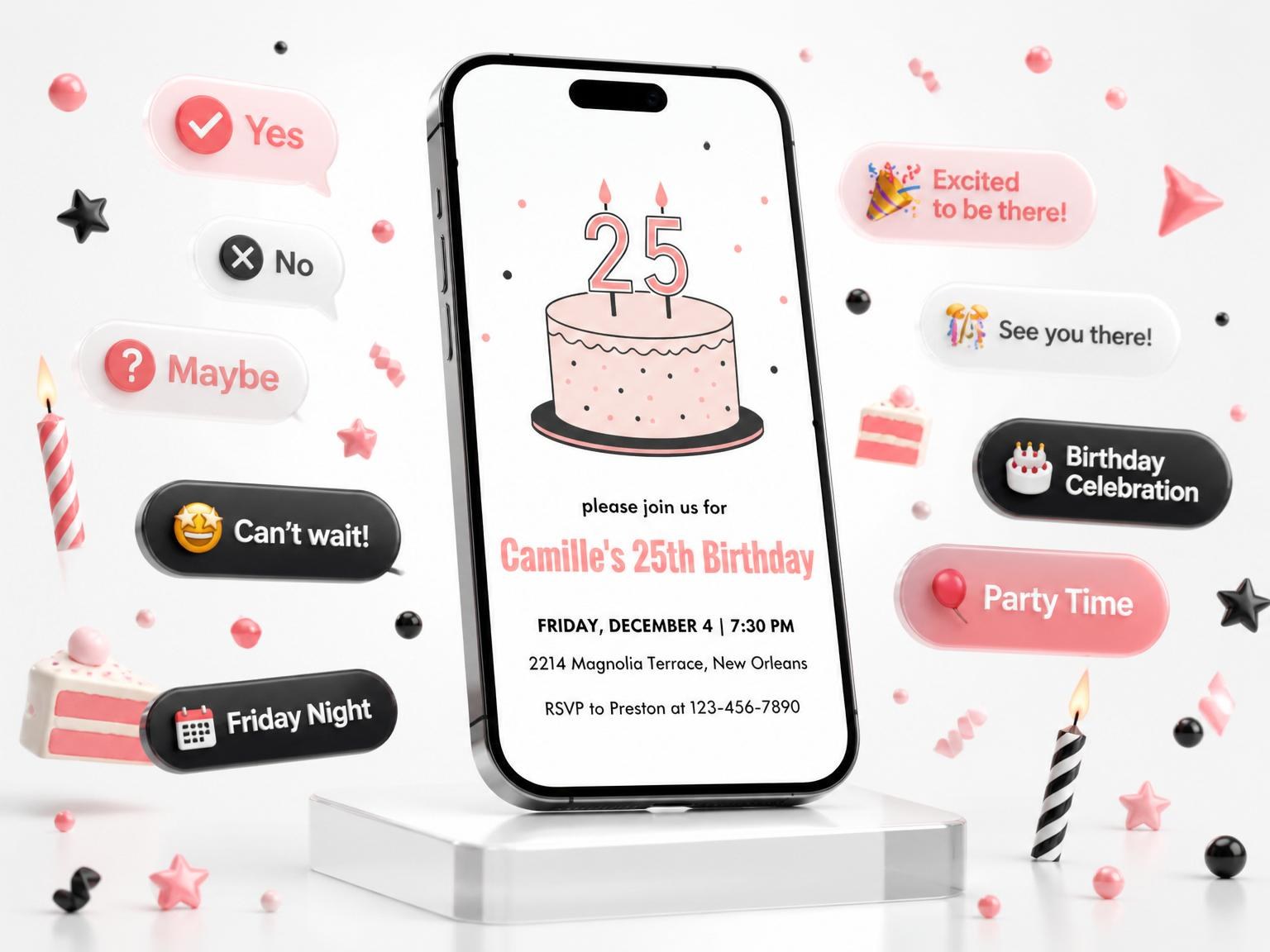 The Pink Cake 25th Birthday Invitation invitation on a phone, with guest RSVPs arriving around it