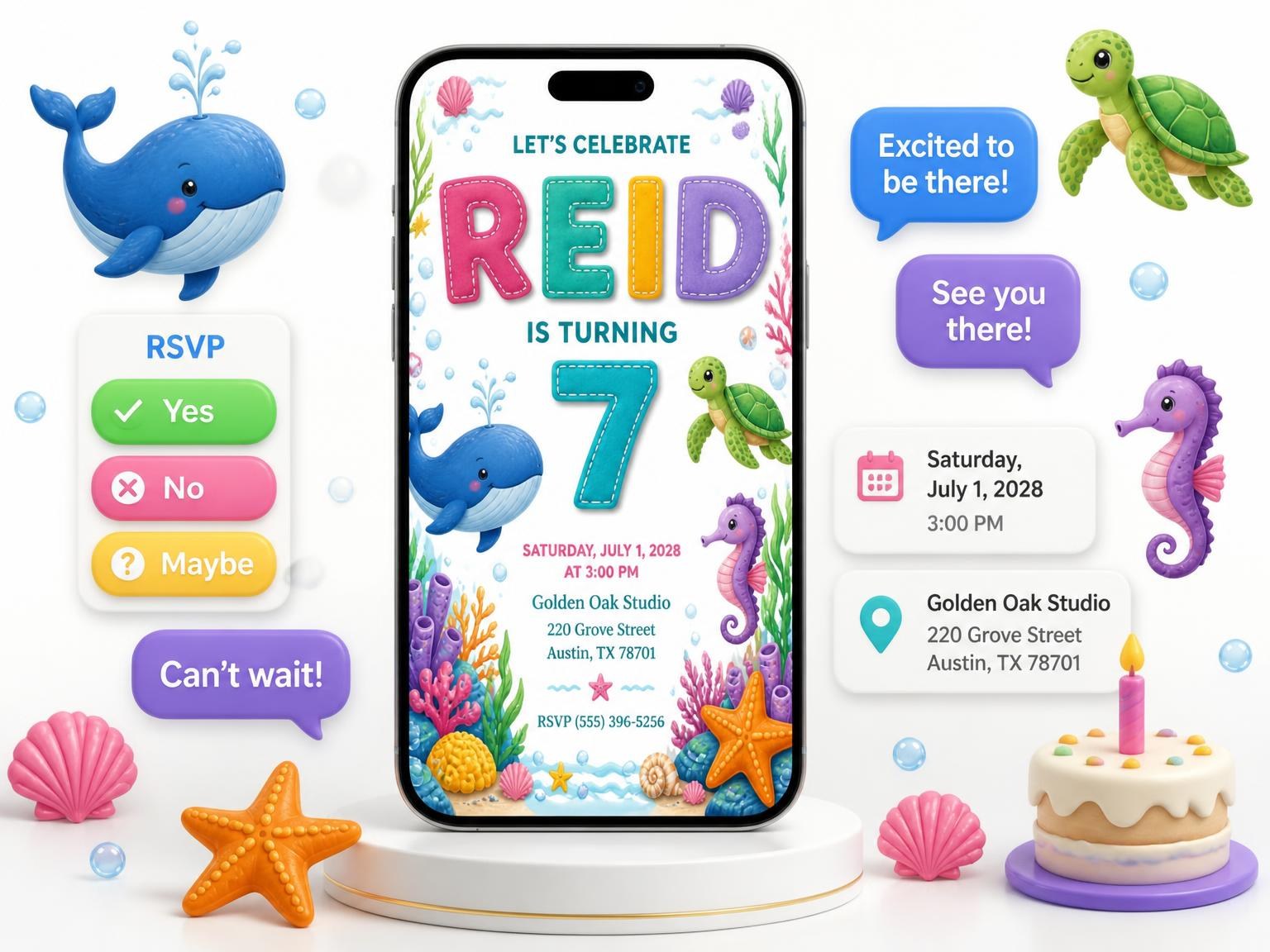 The Stitched Under the Sea 7th Birthday Invitation invitation on a phone, with guest RSVPs arriving around it