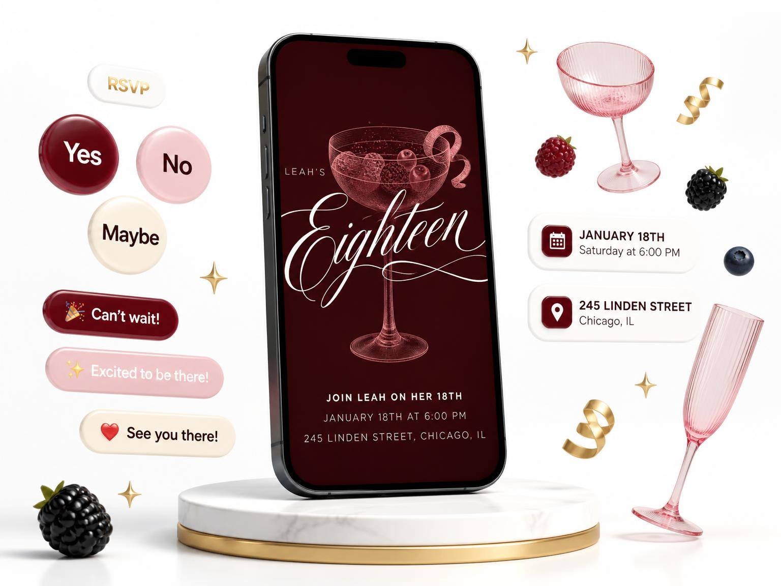 The Burgundy Cocktail 18th Birthday Invitation invitation on a phone, with guest RSVPs arriving around it