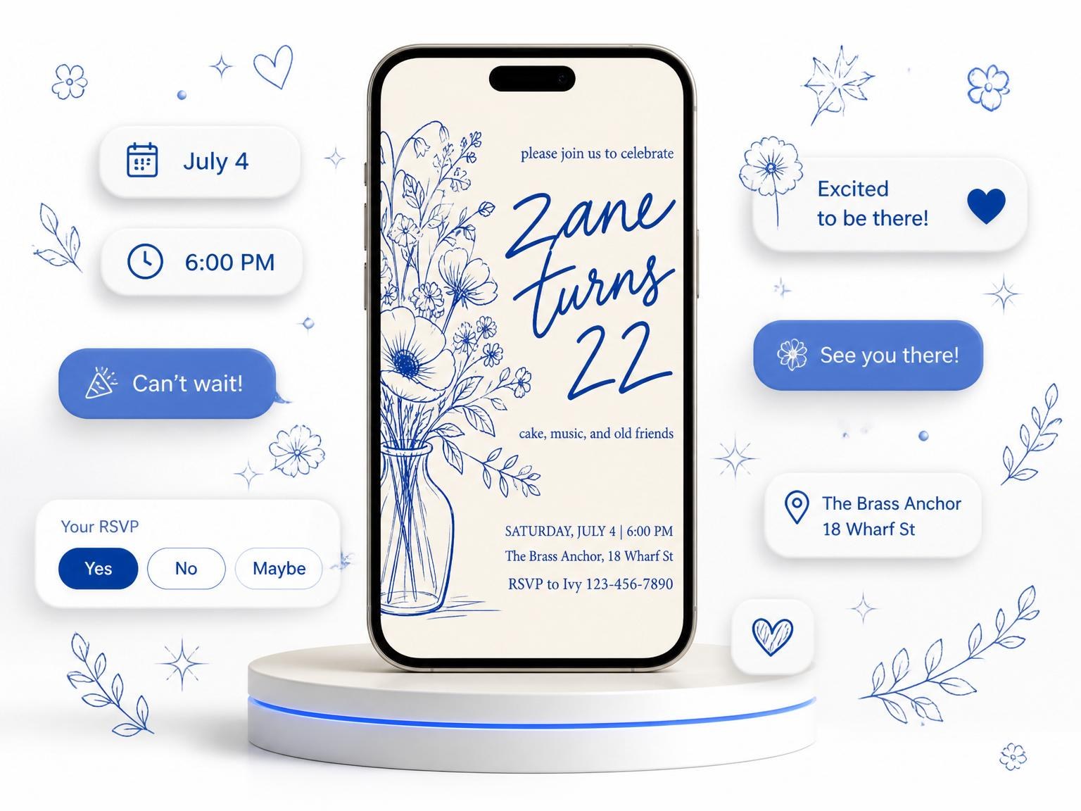 The Blue Botanical Line-Art 22nd Birthday invitation on a phone, with guest RSVPs arriving around it