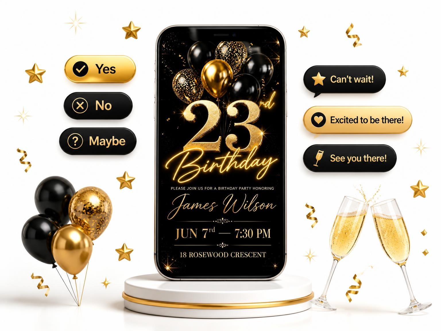 The Black and Gold Balloon 23rd Birthday invitation on a phone, with guest RSVPs arriving around it