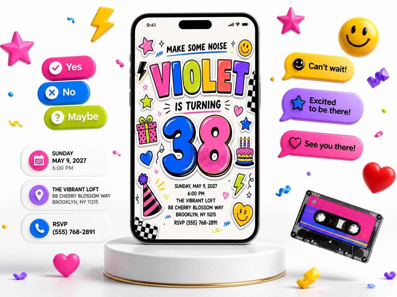 The Sticker Pop 38th Birthday Invitation invitation on a phone, with guest RSVPs arriving around it