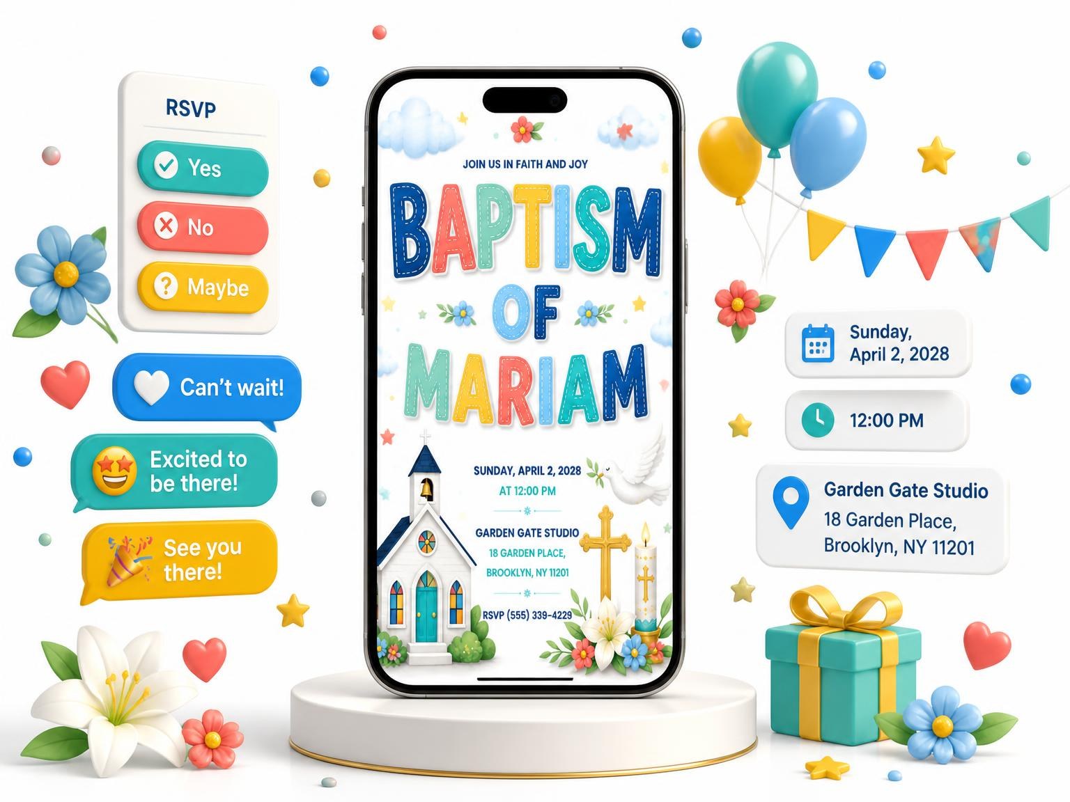 The Church Baptism Invitation invitation on a phone, with guest RSVPs arriving around it