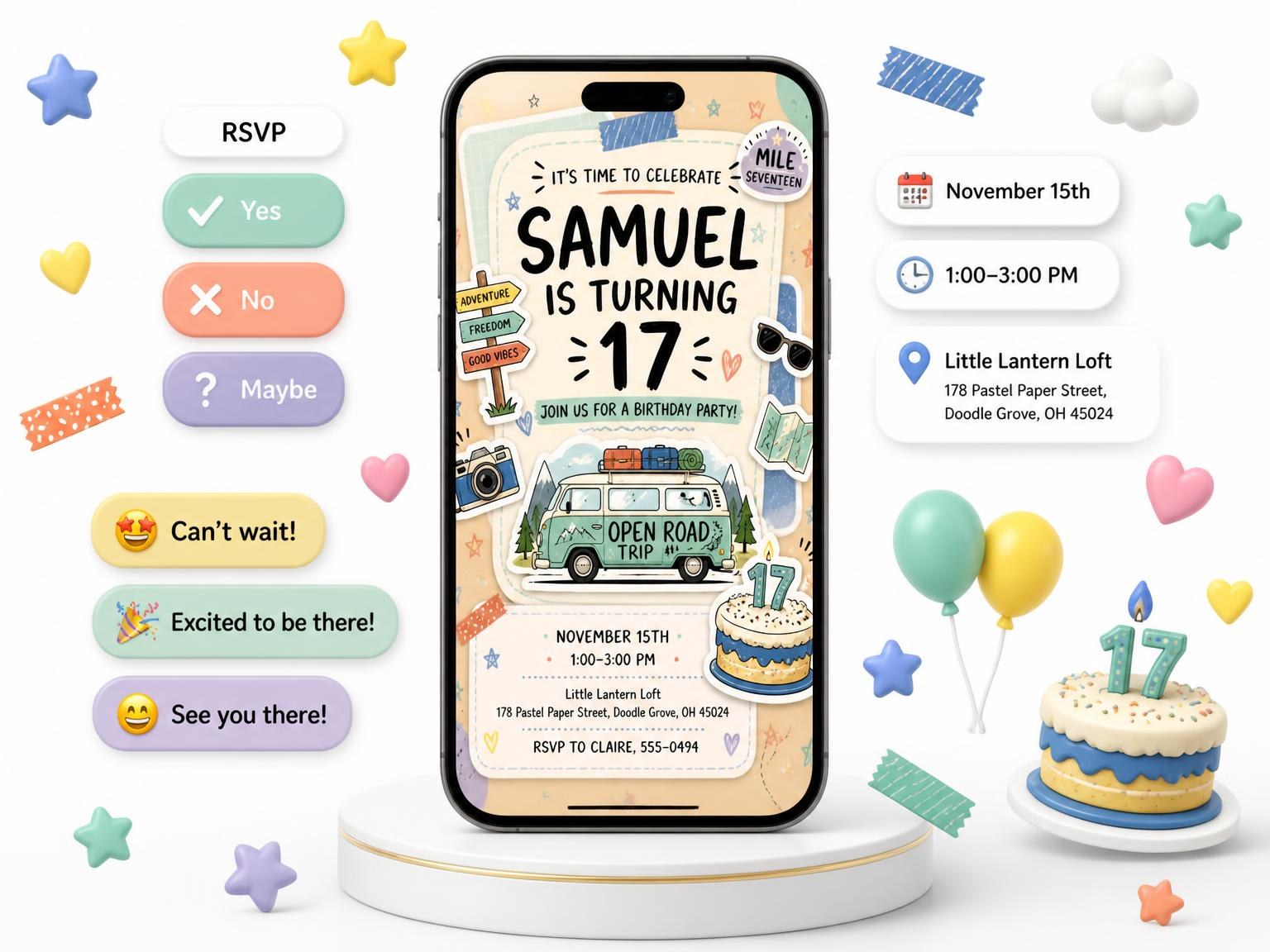 The Camper Van Pastel 17th Birthday Invitation invitation on a phone, with guest RSVPs arriving around it