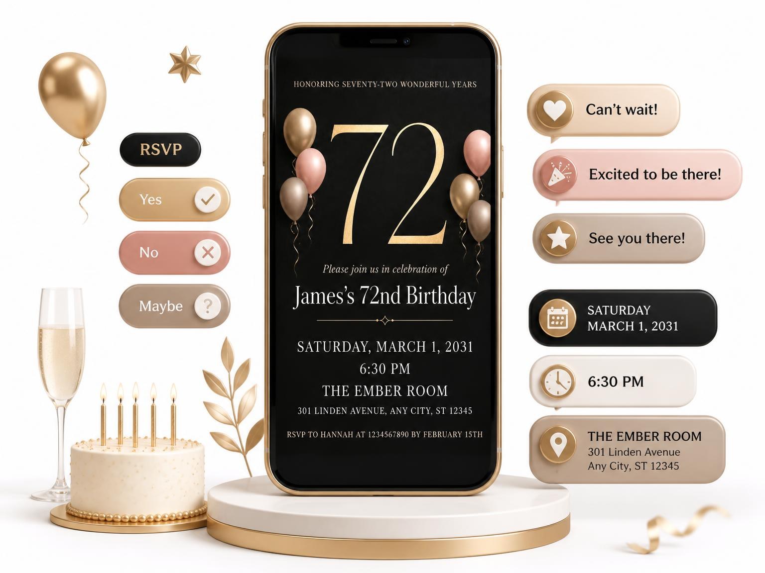 The Charcoal and Blush 72nd Birthday Invitation invitation on a phone, with guest RSVPs arriving around it
