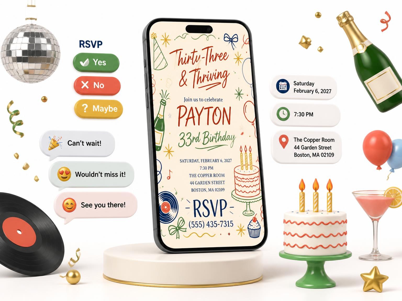 The Retro Doodle 33rd Birthday Invitation invitation on a phone, with guest RSVPs arriving around it