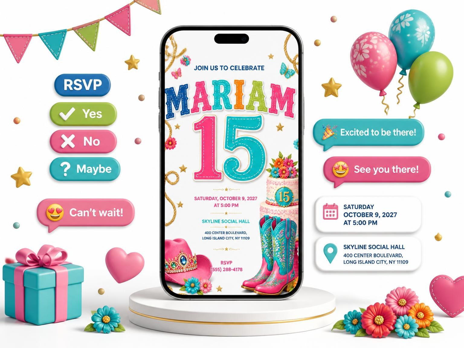 The Pink Cowgirl 15th Birthday Party Invitation invitation on a phone, with guest RSVPs arriving around it