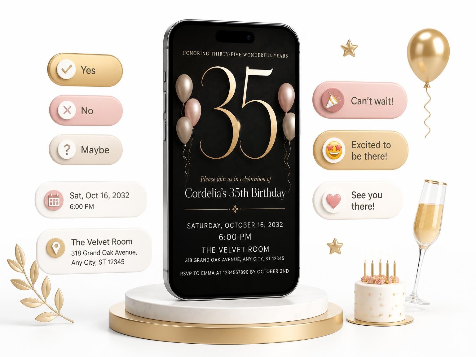 The Charcoal and Blush 35th Birthday Invitation invitation on a phone, with guest RSVPs arriving around it