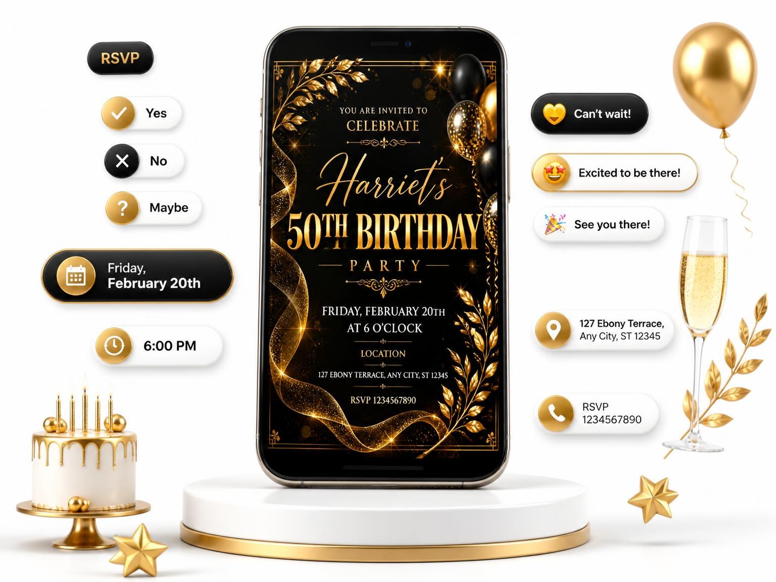 The Glitter Ribbon and Balloons 50th Birthday Invitation invitation on a phone, with guest RSVPs arriving around it