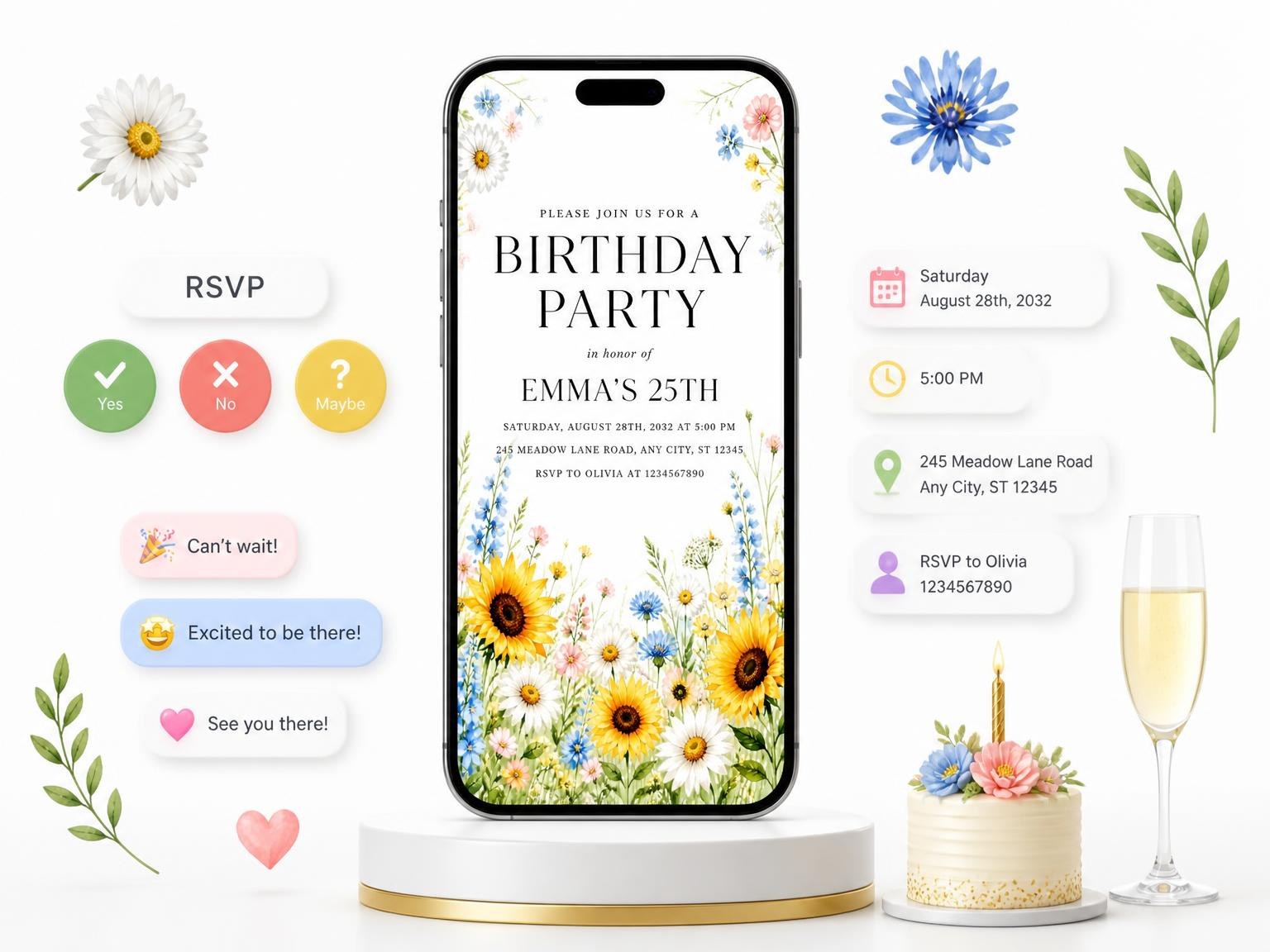 The Spring Wildflower Garden 25th Birthday Invitation invitation on a phone, with guest RSVPs arriving around it