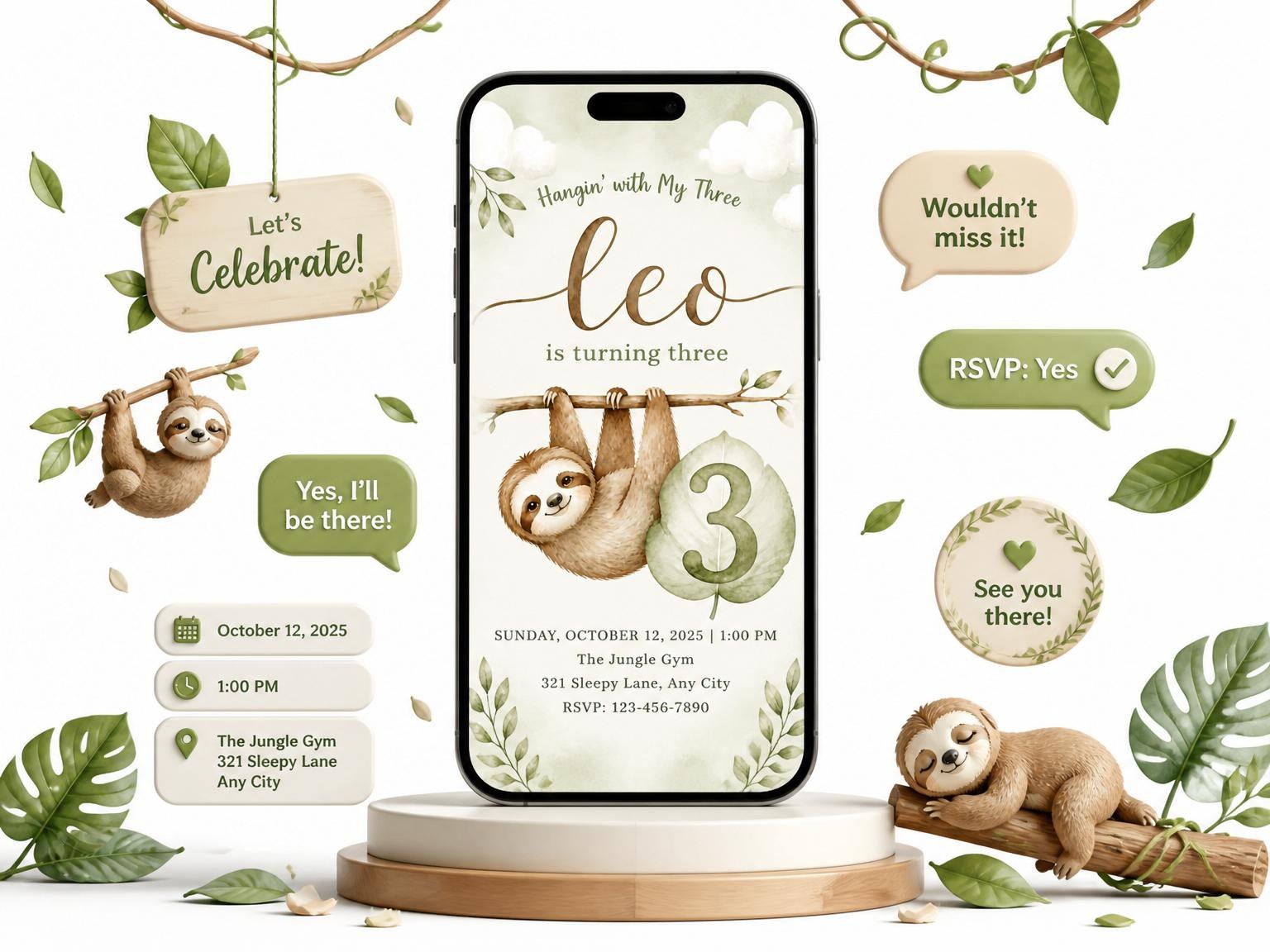 The Watercolor Sloth Jungle 3rd Birthday Invitation invitation on a phone, with guest RSVPs arriving around it