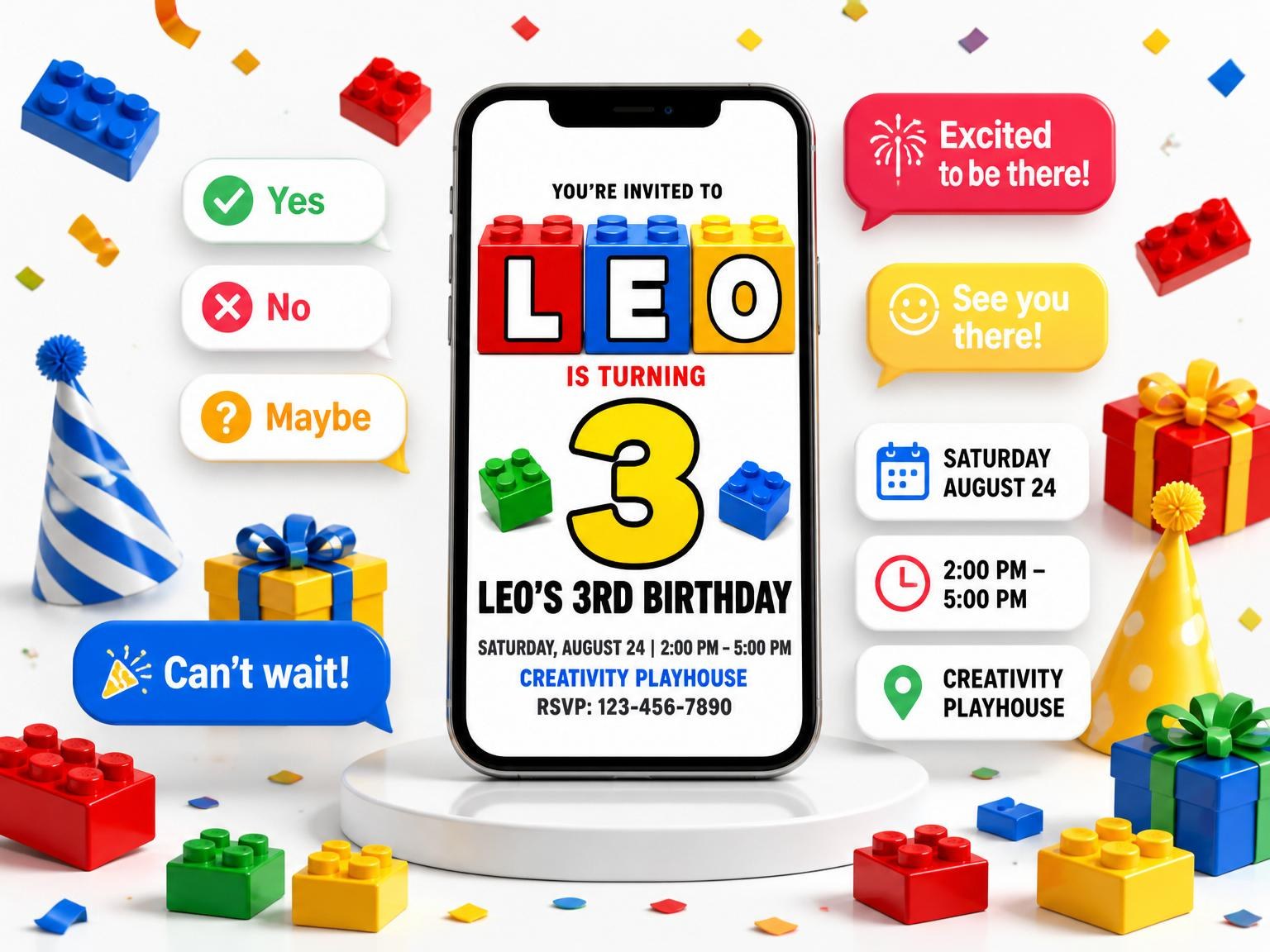 The Primary Color Toy Brick 3rd Birthday invitation on a phone, with guest RSVPs arriving around it