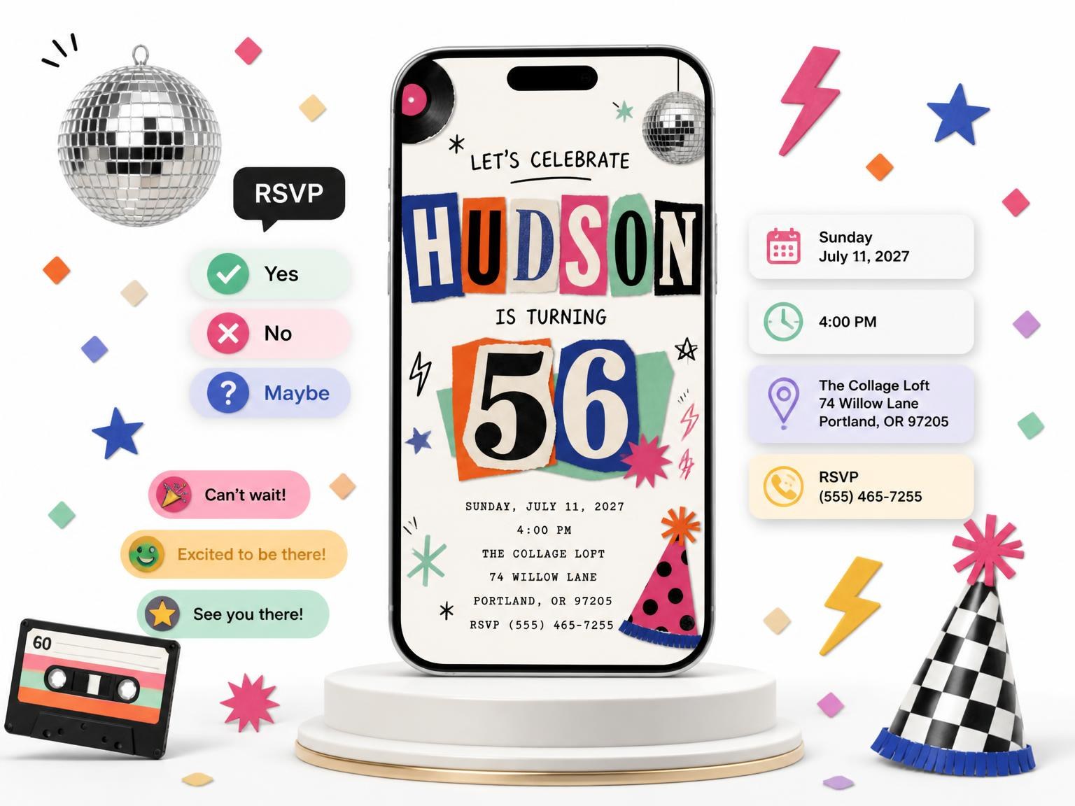 The Retro Paper Collage 56th Birthday Invitation invitation on a phone, with guest RSVPs arriving around it