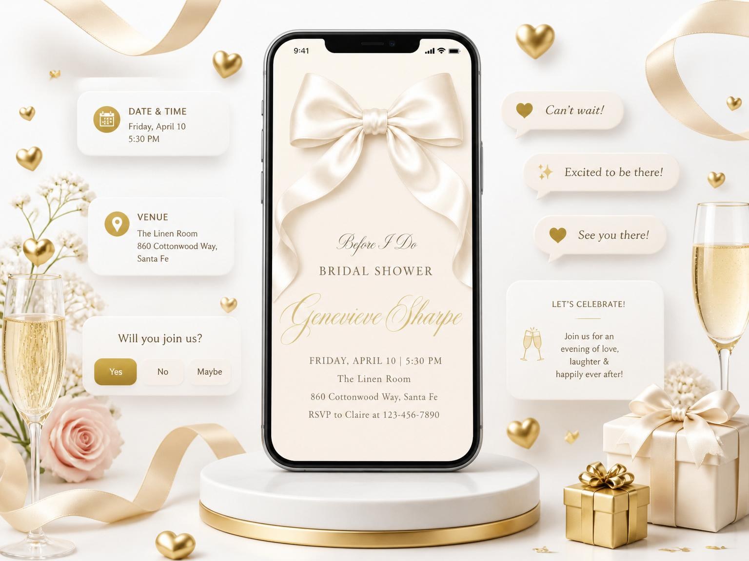 The Cream Satin Bow Bridal Shower invitation on a phone, with guest RSVPs arriving around it