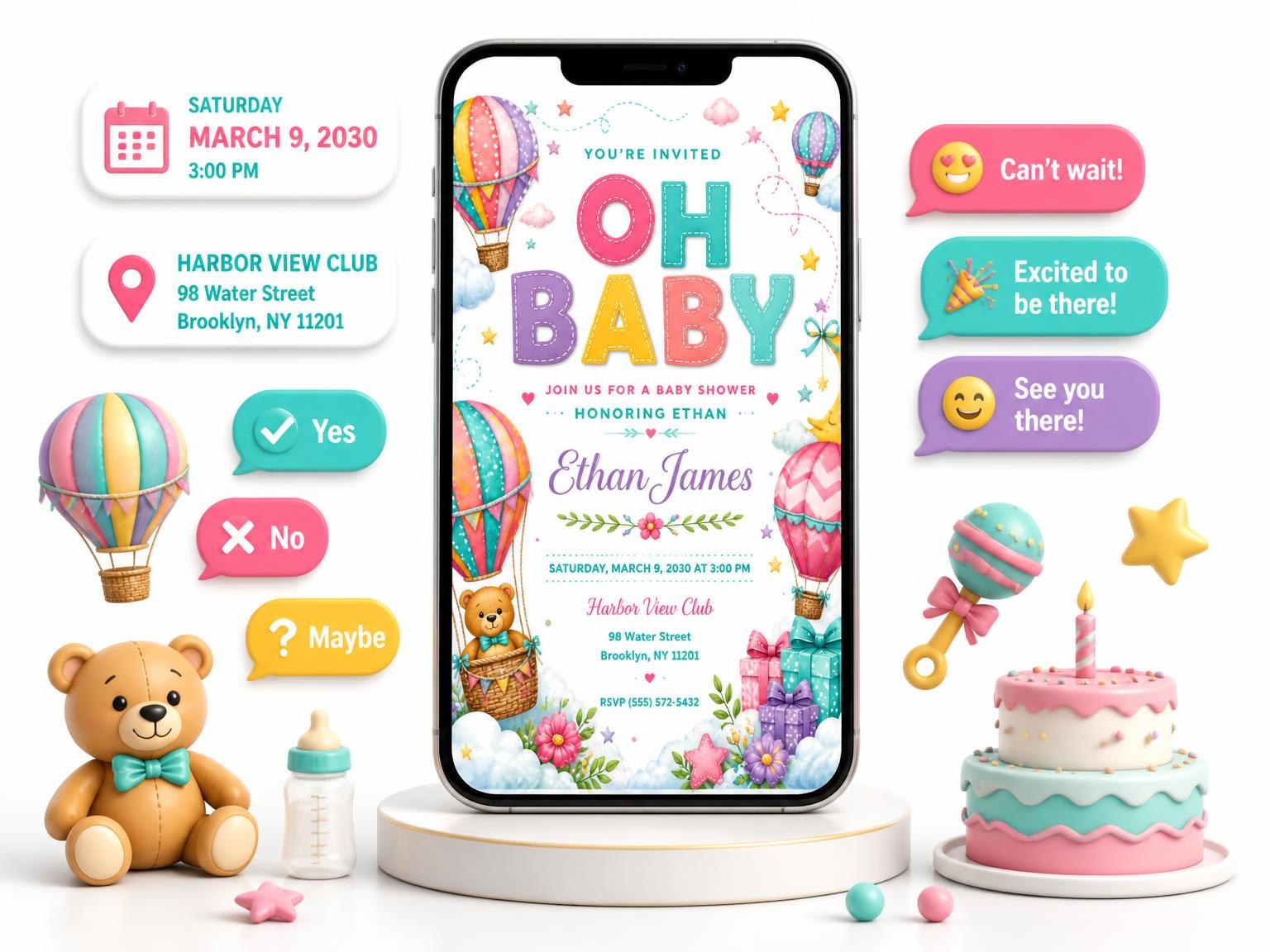 The Moon Stars Baby Shower Invitation invitation on a phone, with guest RSVPs arriving around it