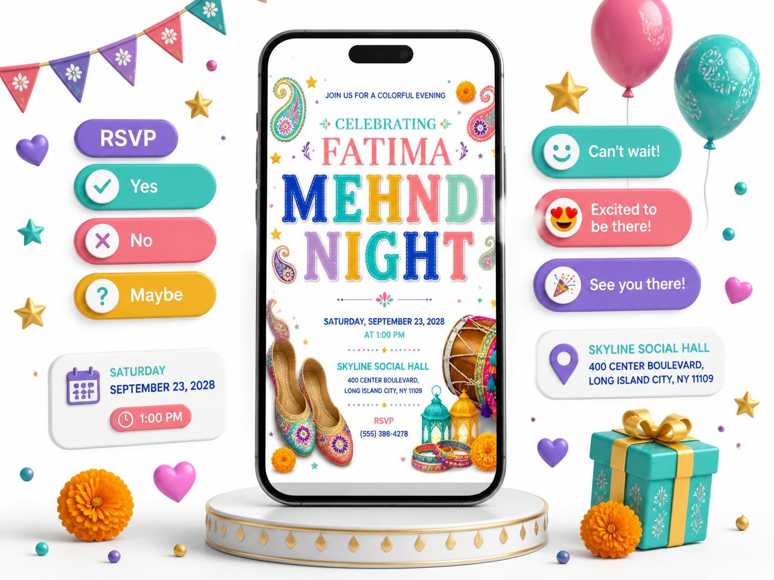 The Embroidered Mojari Mehndi Night Invitation invitation on a phone, with guest RSVPs arriving around it